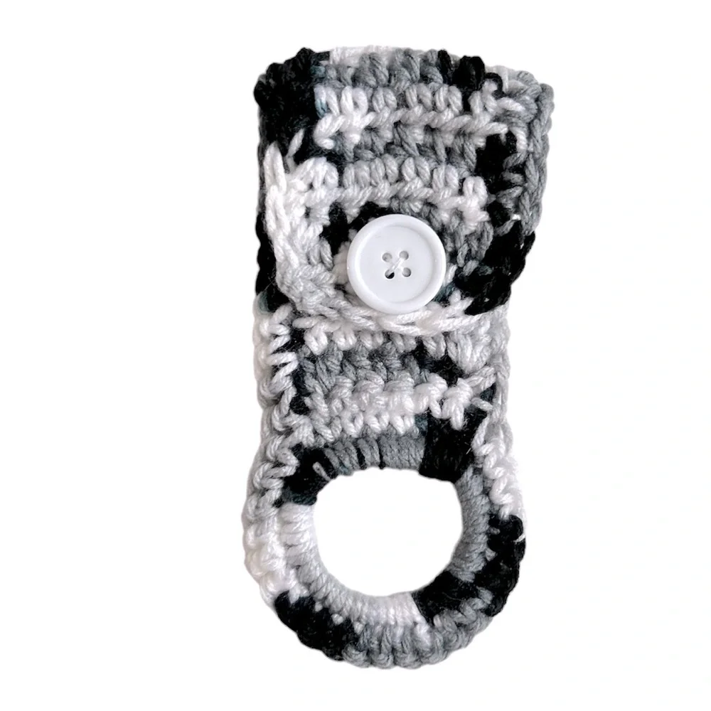 HAND CRAFTED Colorful Crocheted Black & Gray Reusable Button Towel Holder Hanger
